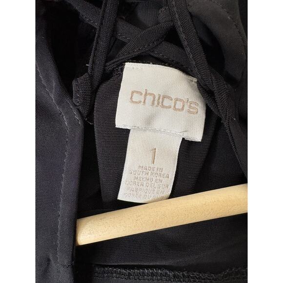 Chicos Size 1 US M Blouse Black Long Sleeve Ruffle Bell Tie Back Detail Shirt - Picture 5 of 9